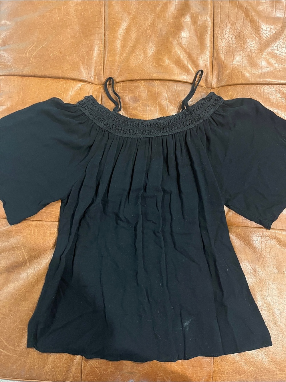 Black Off-Shoulder Smocked-Neck Women's Tunic Top